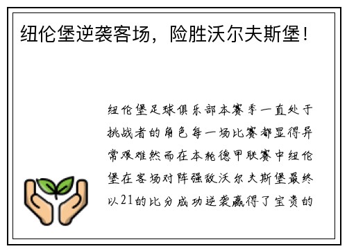 纽伦堡逆袭客场，险胜沃尔夫斯堡！